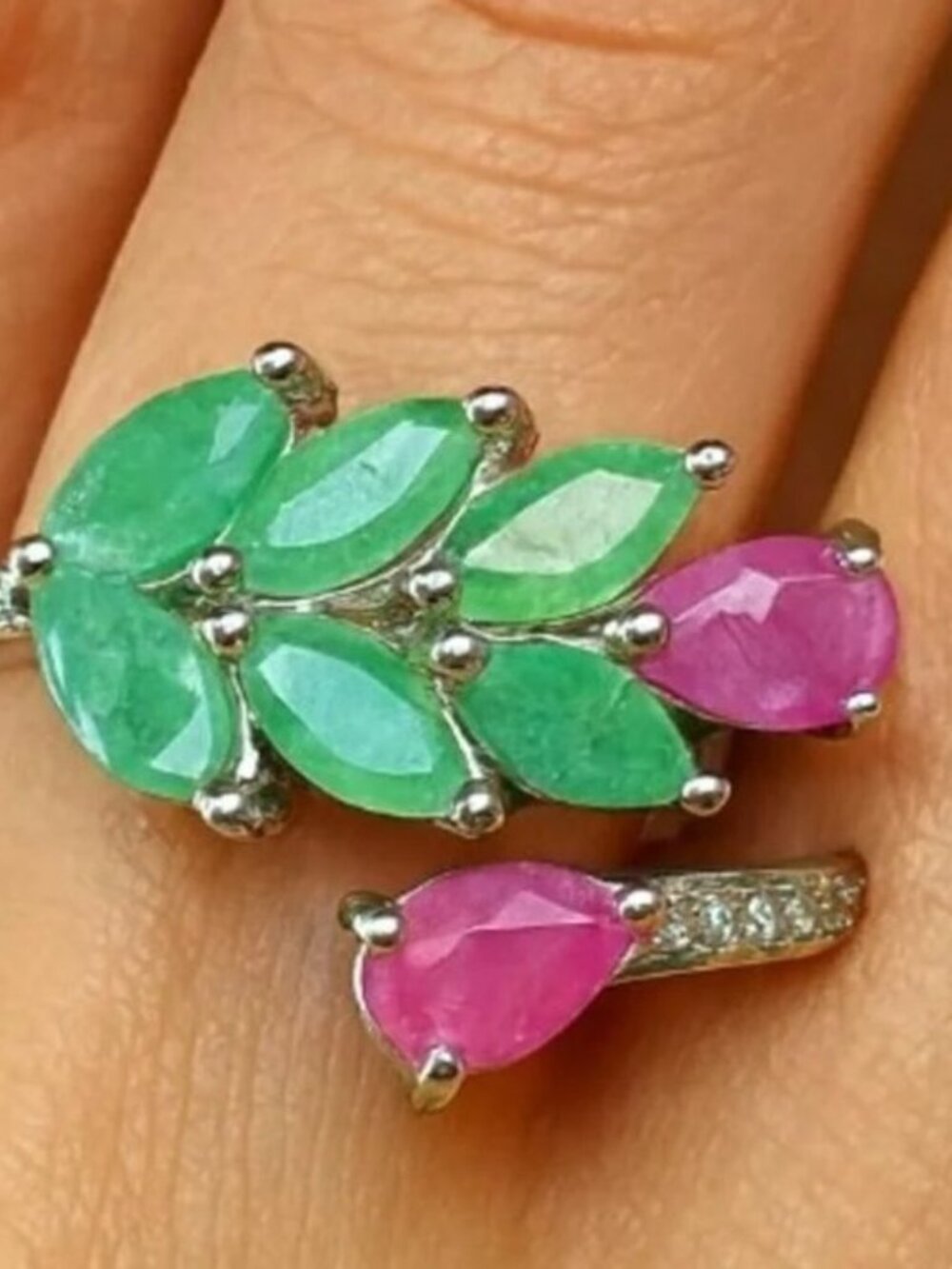 Sterling Silver Ring with Emeralds and Rubies